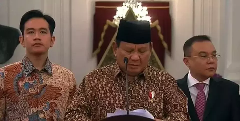 Presiden RI Prabowo Subianto mengumumkan nama nama menteri, Ahad (20/10) malam. Foto: Int