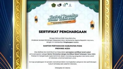 Kantor Pertanahan Kabupaten Pidie Raih Penghargaan Nasional Tahun 2024