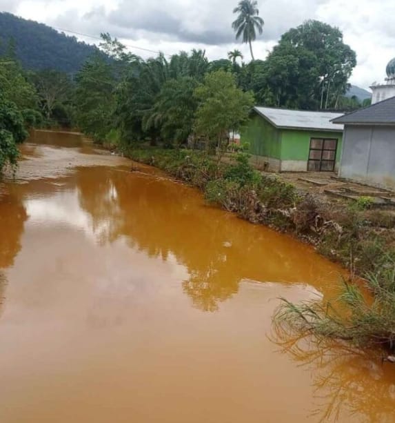 Sungai Menggamat tampak kuning membuktikan hancurnya lingkungan di sana.(Foto/mediaaceh.co.id/istimewa).