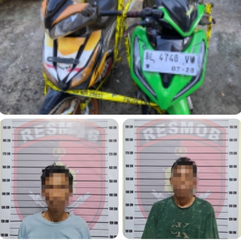Dua terduga pelaku curanmor bersama BB dipamerkan saat mau diperiksa secara intensif di Mako Polres Asel Tapaktuan, Senin, (2/6/2026).