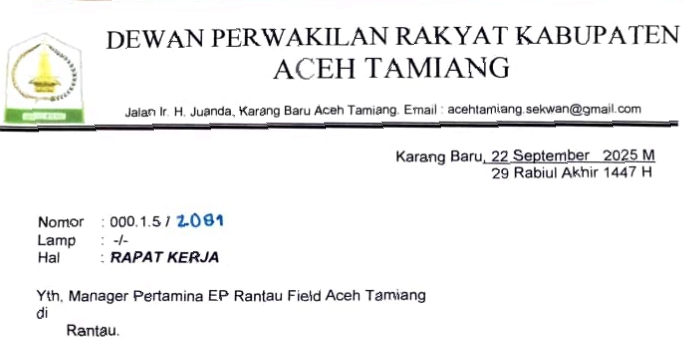Surat Panggilan Manager PEP Field Rantau hadiri RDPU DPRK Aceh Tamiang.