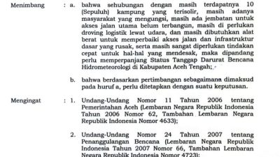 Pemkab Aceh Tengah Kembali Perpanjang Masa Tanggap Darurat Bencana hingga 29 Januari 2026