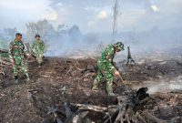 Saat anggota TNI memadamkan api hutan terbakar. 